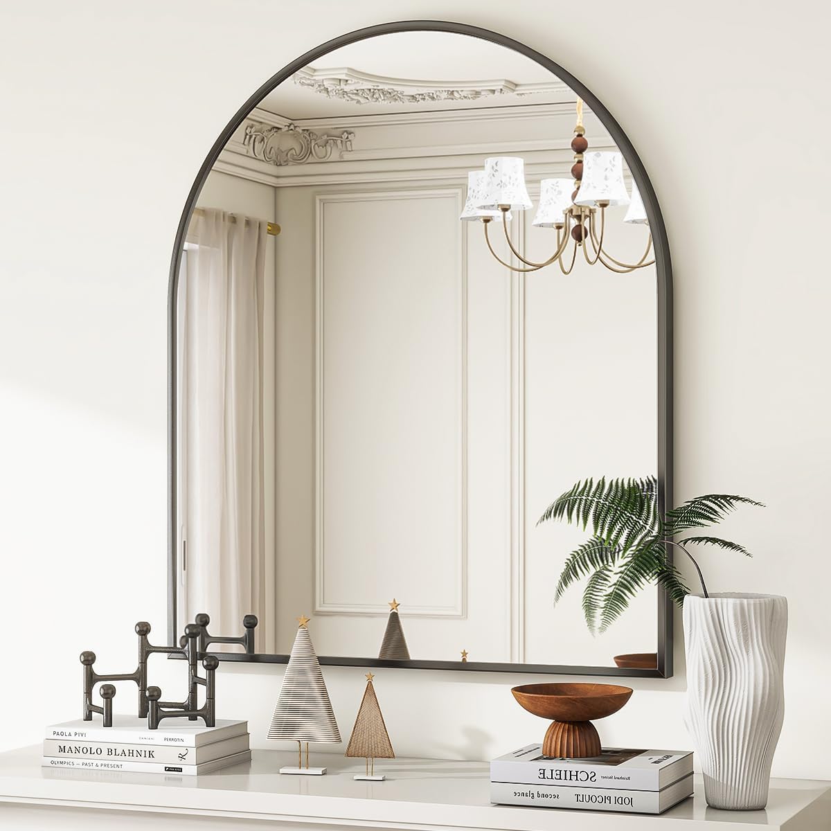 VooBang Arched Wall Mirror, 24 x 36 inch Arch Bathroom Mirror, Wall Mounted Vanity Mirror with Arch Metal Frame, Modern Bathroom Vanity Mirror for Bedroom, Living Room, Hanging or Leaning, Black
