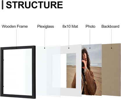 Vittanly 8x10 Picture Frames Set of 9, Shatter Resistant Plexiglass, Display 5x7 Pictures with Mat or 8x10 without Mat, Photo Frames for Wall or Tabletop, Engineered Wood, Black - Colors A