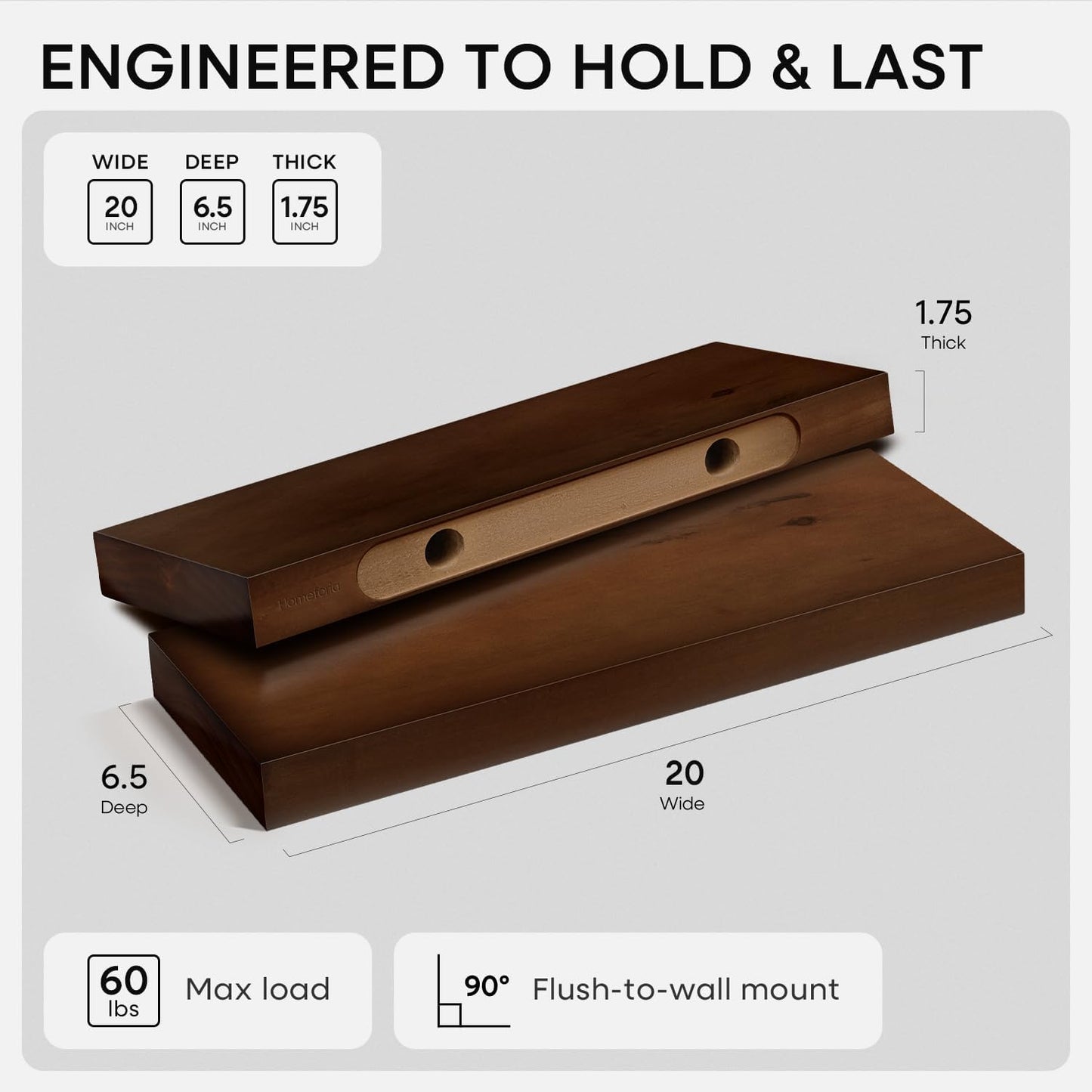Homeforia 24 inch Natural Floating Shelf, High End Solid Real Wood 24inch Small Floating Shelves for Wall Mounted, Natural Wooden Floating Shelves, Heavy Duty Bracket, 24 X 6.5 X 1.75 in, Set of 2