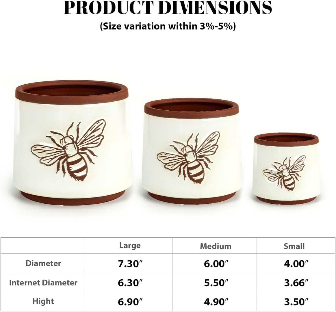 YBX 8 Inch + 6 Inch Ceramic Plant Pots, Succulent Flower Pots with Drainage Holes, Terracotta Planters for Indoor Plants, White&Terracotta (Garden)