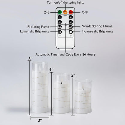 Homemory Flameless Candles with Embedded Star String Fairy Lights, Battery Operated Candles, LED Candle, Fake Candles with Remote Control and Timer for Halloween, Gray Acrylic, Set of 5(H4"5"6"8"8")