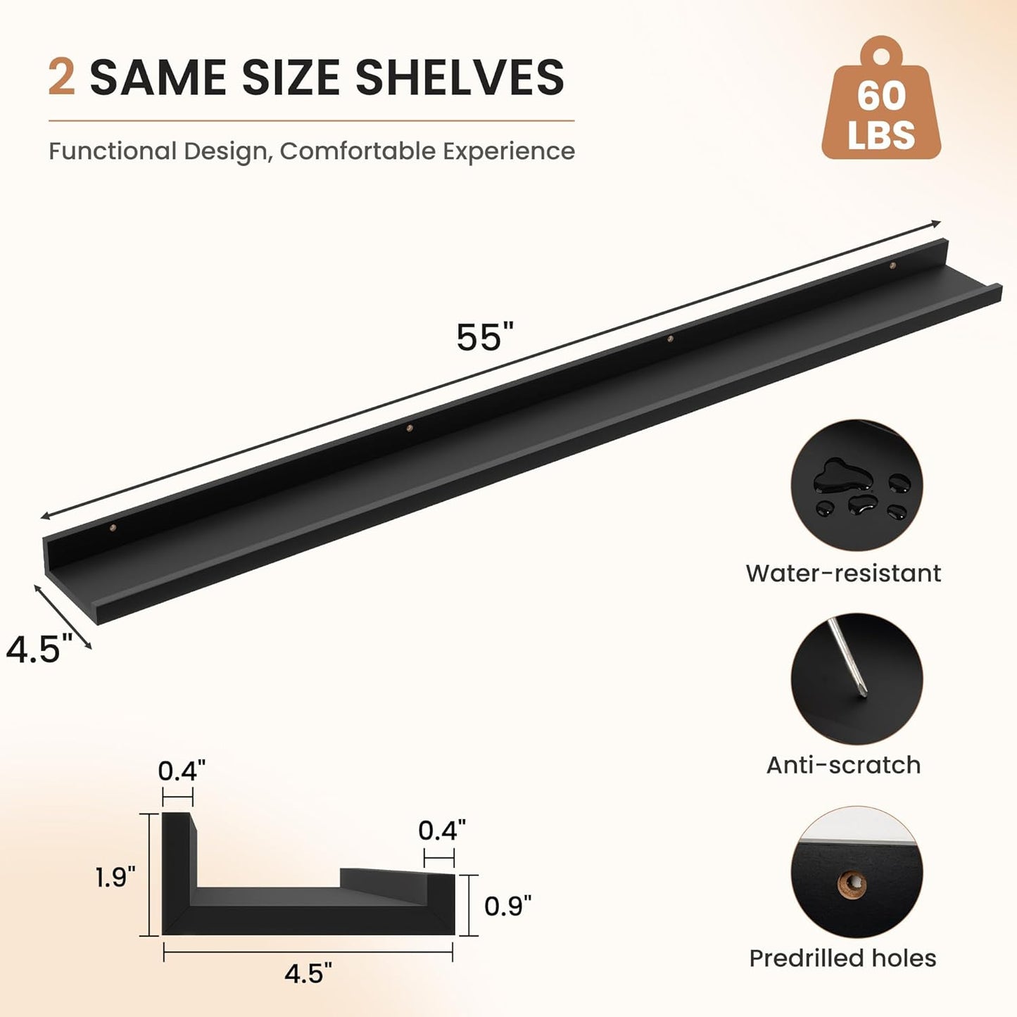 Dreamland Picture Ledge Shelf for Wall, Floating Shelves Set of 2, 48 Inch Long Floating Shelves with Lip for Living Room, Bedroom, Bathroom, Kitchen, White
