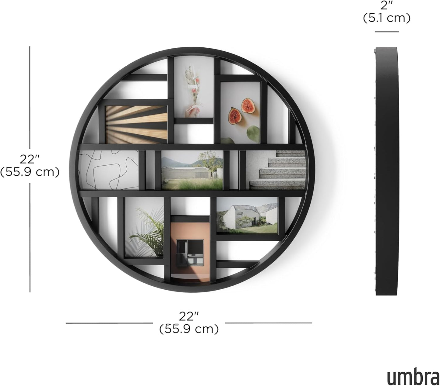 Umbra Luna Collage Picture Frame Holds Nine 4x6" Photos, Large 22-Inch Diameter, Black