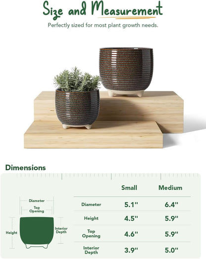 LE TAUCI Ceramic Plant Pots, 5.1 + 6.4 Inch Footed Pots for Plants, Modern Flower Pots for Home and Office, Indoor Planters with Drainage, Reactive Glaze White