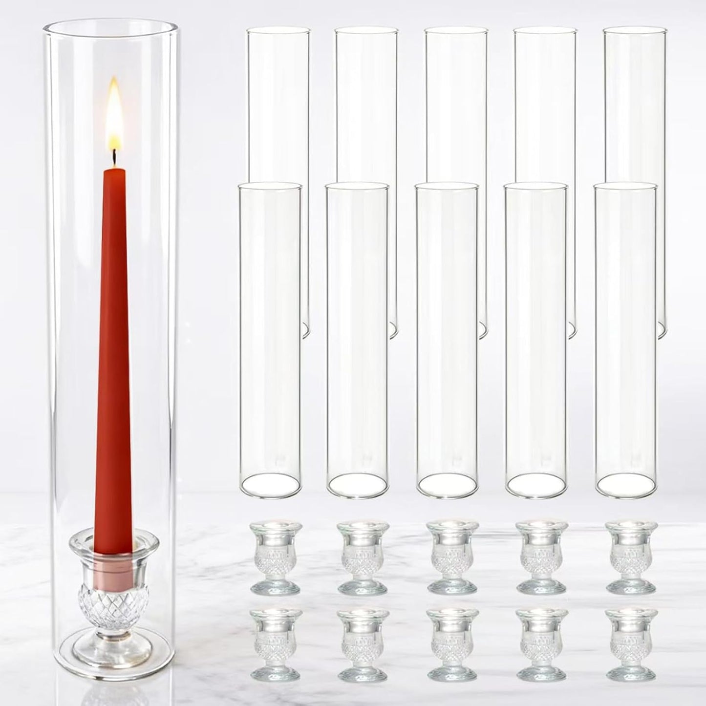 Glass Hurricane Candle Holders – 10 Clear Cylinder Covers & 10 Pillar Candle Bases, 2.6" D x 11.8" H Windproof Candle Holders for Wedding Centerpieces