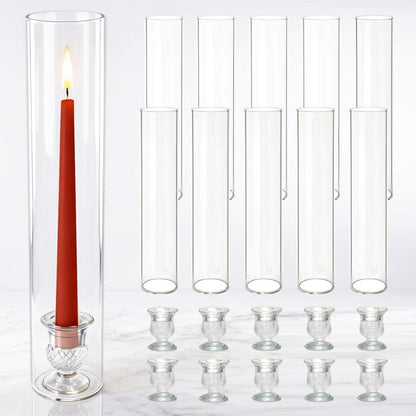 Glass Hurricane Candle Holders – 10 Clear Cylinder Covers & 10 Pillar Candle Bases, 2.6" D x 11.8" H Windproof Candle Holders for Wedding Centerpieces