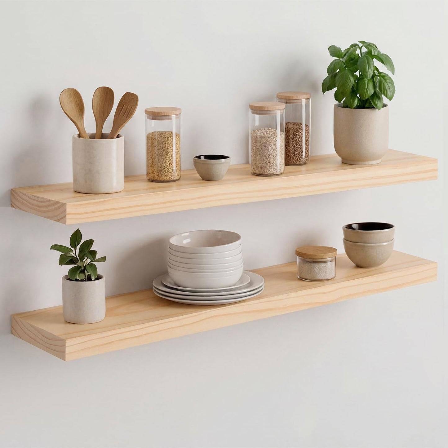 Homeforia 24 inch Natural Floating Shelf, High End Solid Real Wood 24inch Small Floating Shelves for Wall Mounted, Natural Wooden Floating Shelves, Heavy Duty Bracket, 24 X 6.5 X 1.75 in, Set of 2