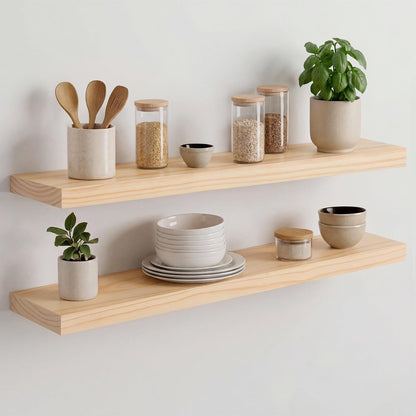 Homeforia 24 inch Natural Floating Shelf, High End Solid Real Wood 24inch Small Floating Shelves for Wall Mounted, Natural Wooden Floating Shelves, Heavy Duty Bracket, 24 X 6.5 X 1.75 in, Set of 2