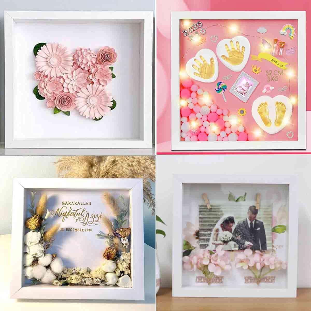 8x8 Shadow Box Frame Display Case with Letter Stickers, 3D Picture Frame, Display Case Box for Memorabilia, Baby Items, Wedding Memories, Crafts, Tickets and Photos (White, 8x8)