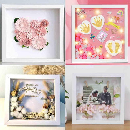 8x8 Shadow Box Frame Display Case with Letter Stickers, 3D Picture Frame, Display Case Box for Memorabilia, Baby Items, Wedding Memories, Crafts, Tickets and Photos (White, 8x8)