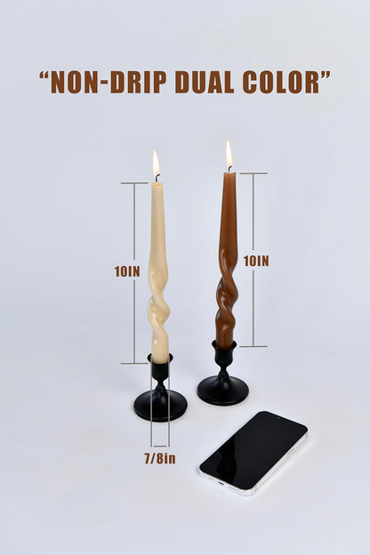 Brown Two Tone Spiral Taper Candles - Set of 6 Twisted Taper Candlesticks 9.5 Inch Tall for Home Decoration Holiday Wedding Party(Brown)