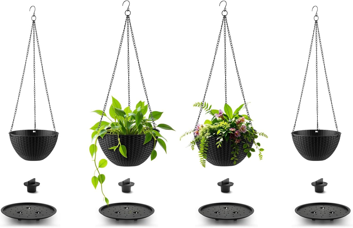 RooTrimmer Hanging Planters for Indoor Outdoor Plants 8 and 10 Inch, 4 Packs Hanging Flower Pot with Drainage Holes, Self-Watering Hanging Basket Perfect for Home, Office and Garden, White