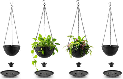 RooTrimmer Hanging Planters for Indoor Outdoor Plants 8 and 10 Inch, 4 Packs Hanging Flower Pot with Drainage Holes, Self-Watering Hanging Basket Perfect for Home, Office and Garden, White