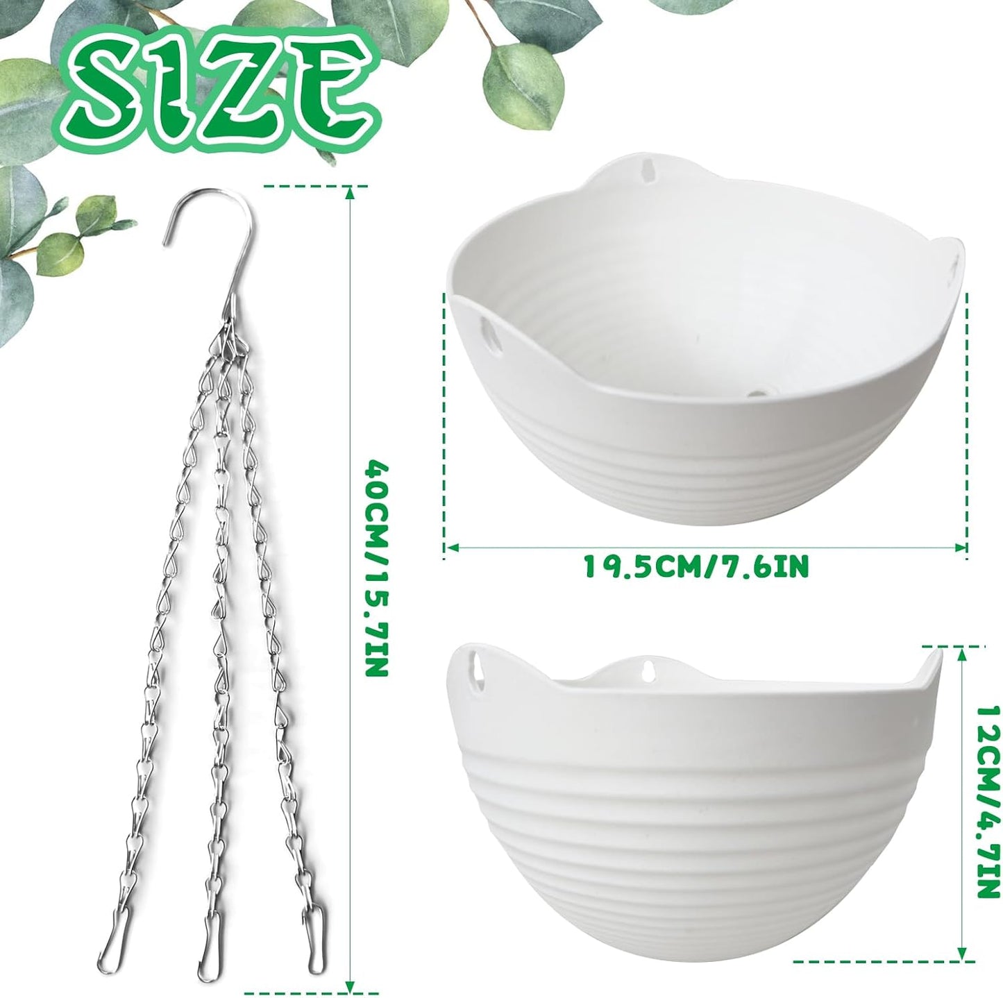 Srmayyi 4 Pack 8 inch Plastic Self Watering Hanging Planters,Round Hanging Basket Planter with Drainer and Metal Chain,White Garden Flower Plant Pot Container for Indoor Outdoor Plants