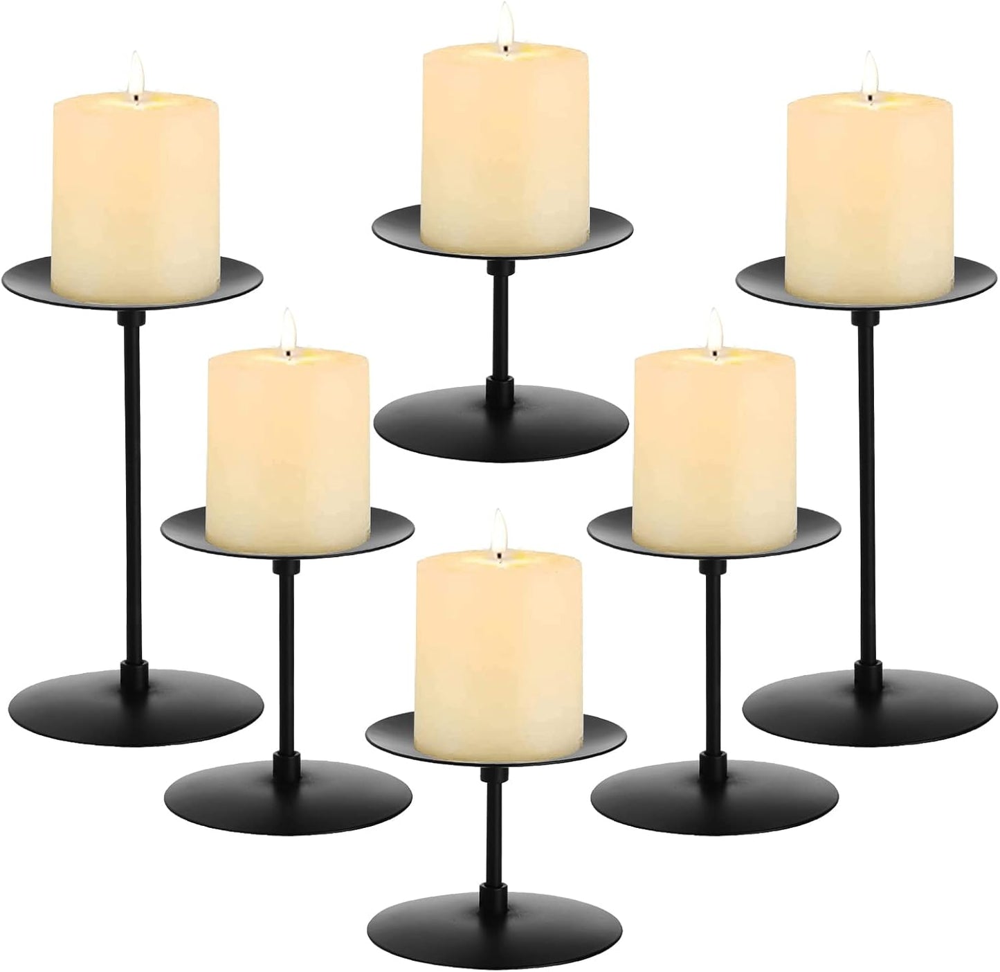 Elsjoy Set of 6 Black Pillar Candle Holders, Metal Pillar Candle Stand Fireplace Candelabras Set for Home Decor, Table Centerpiece, Wedding, 3 Sizes