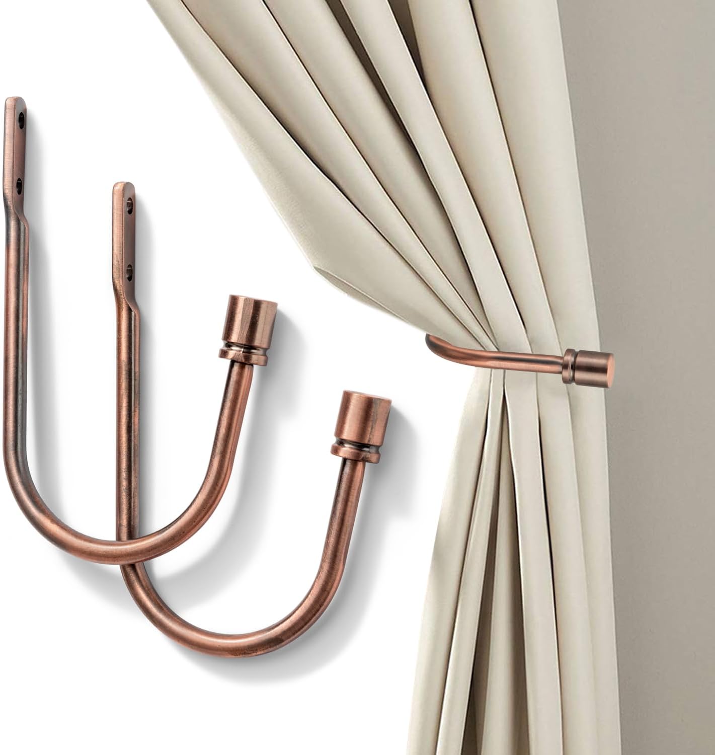 2 Pack Curtain Holdbacks - Silver, Decorative Drapery Wall Hooks with Hardware, Curtain Pull Back Hooks, Metal Curtain Tiebacks Wall Mounted, Window Side Holders for Drapes, Curtain Accessories