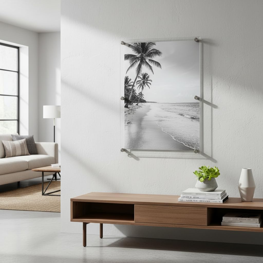 Azar Displays,105536, Floating Acrylic Wall Frame with Silver Hardware Stand Off Caps, Clear Hanging Photo Frame Display Mount with Frameless Border, Glass-Like Frame for Large Prints, 24" x 36"