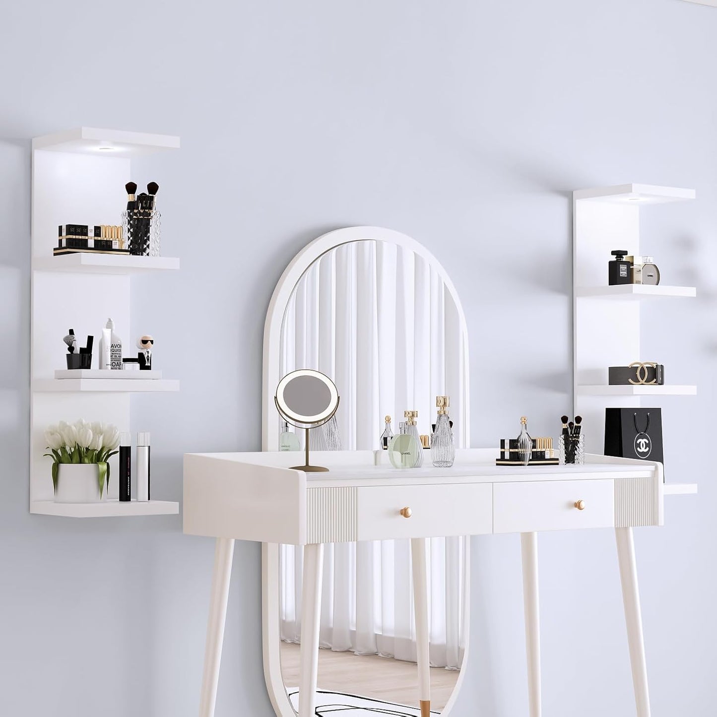 LitaEther Versatile 7 Tier Wall Shelf Unit,White Lack Wall Shelf,Display Floating Shelf with LED Remote Control Light
