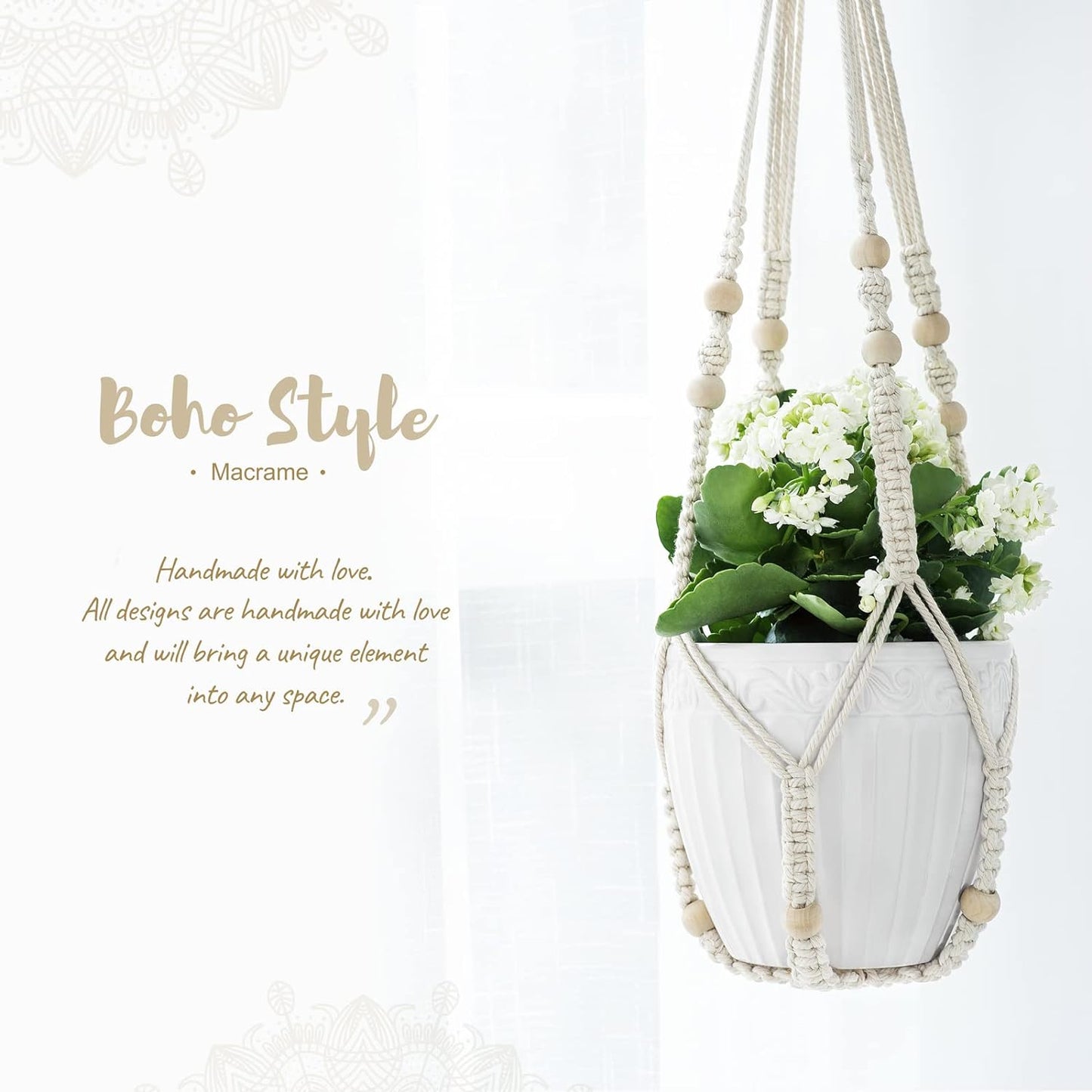 Mkono 3 Pack Macrame Plant Hangers Indoor Different Size Hanging Planter Basket Flower Pot Holder with Beads No Tassels 35"/29"/23", Medium, Brown