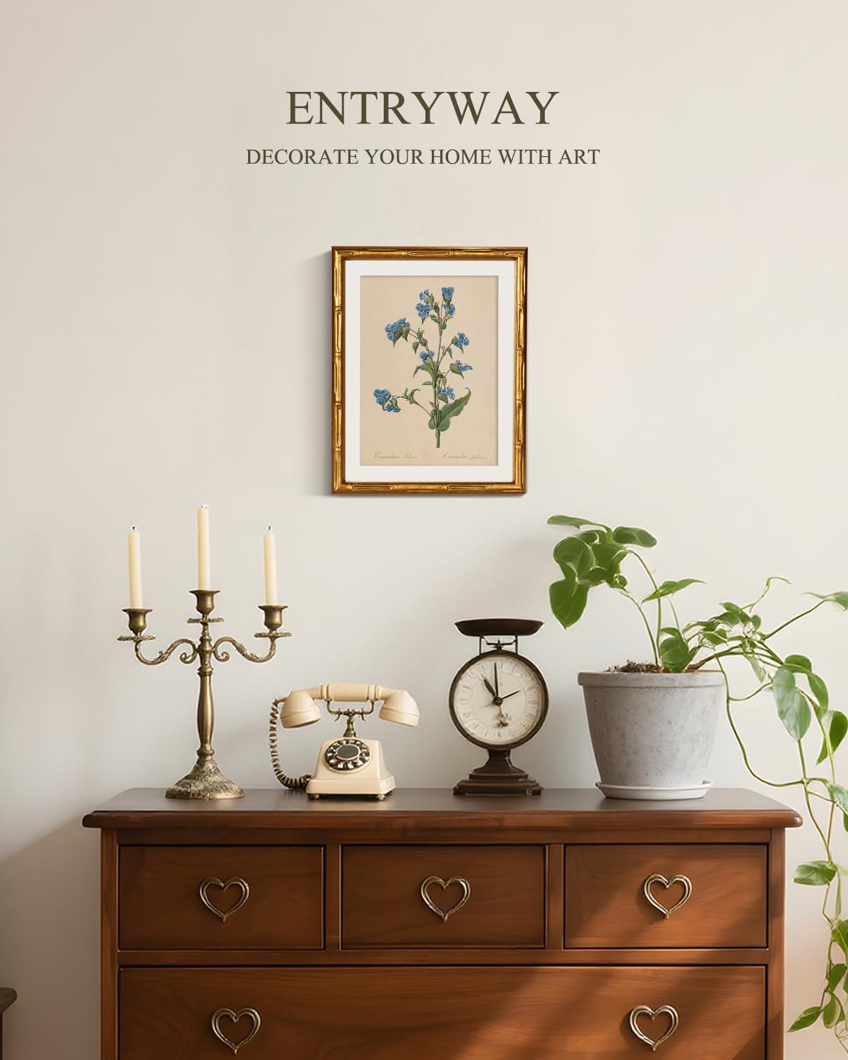 InSimSea Gold Bamboo Framed Canvas Wall Art, Retro Blue Hydrangea Botanical Prints, Antique Flowers Picture Frame with Mat, Victorian Home Wall Decor for Kitchen Living Room Bedroom, 11x14inch