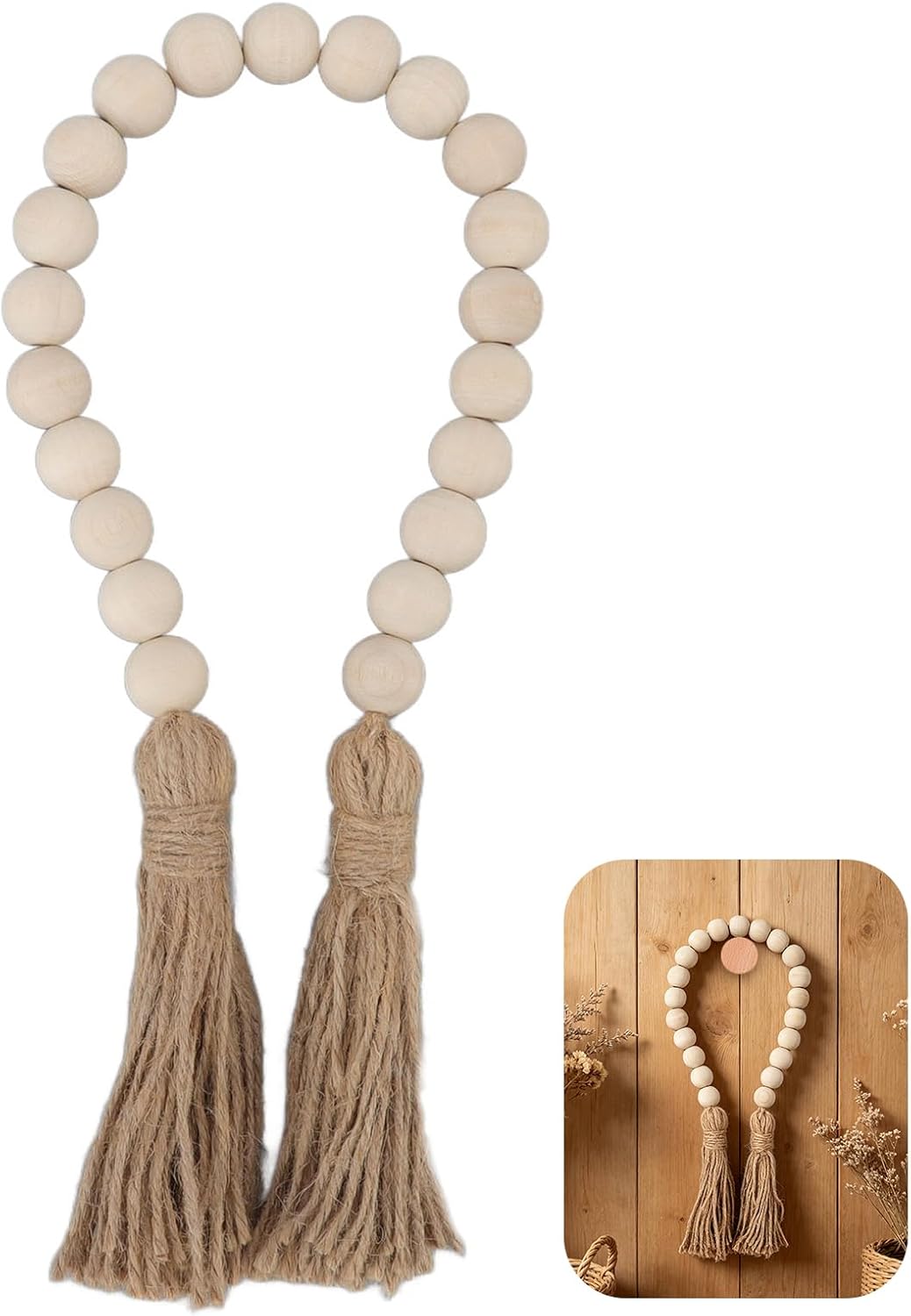 Buachois Farmhouse Beads 24in Wood Bead Garland with Tassels Rustic Country Decor Prayer Wall Hanging Bead Decoration for Gifts Ornamen