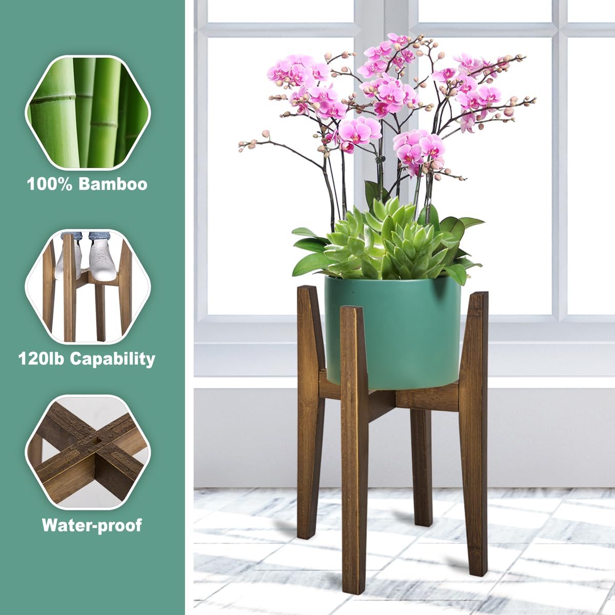 Rnined Adjustable Plant Stand Indoor,Bamboo Mid Century Modern Plants Stands, Stable Plant Holder,Fit 8 9 10 11 12 inch Pots (Pot & Plant Not Included)