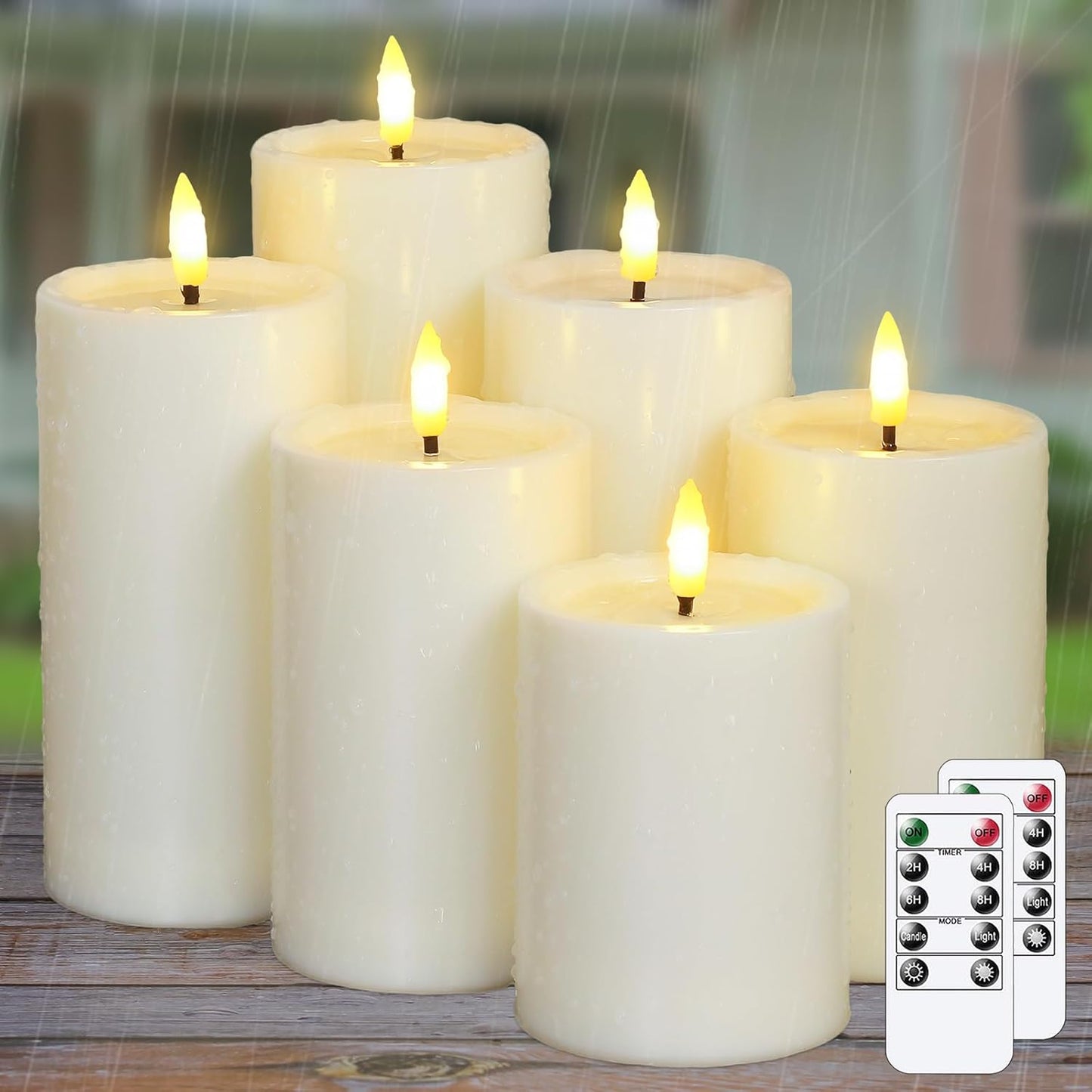 Yeelida Outdoor 4pcs Flameless Waterproof Candles with Handy Remote Control, Cycle Timer Battery Operated Candle Grease Effect LED Flickering Pillar Plastic Long Lasting (Ivory, 3" x4" 5" 6" 7")