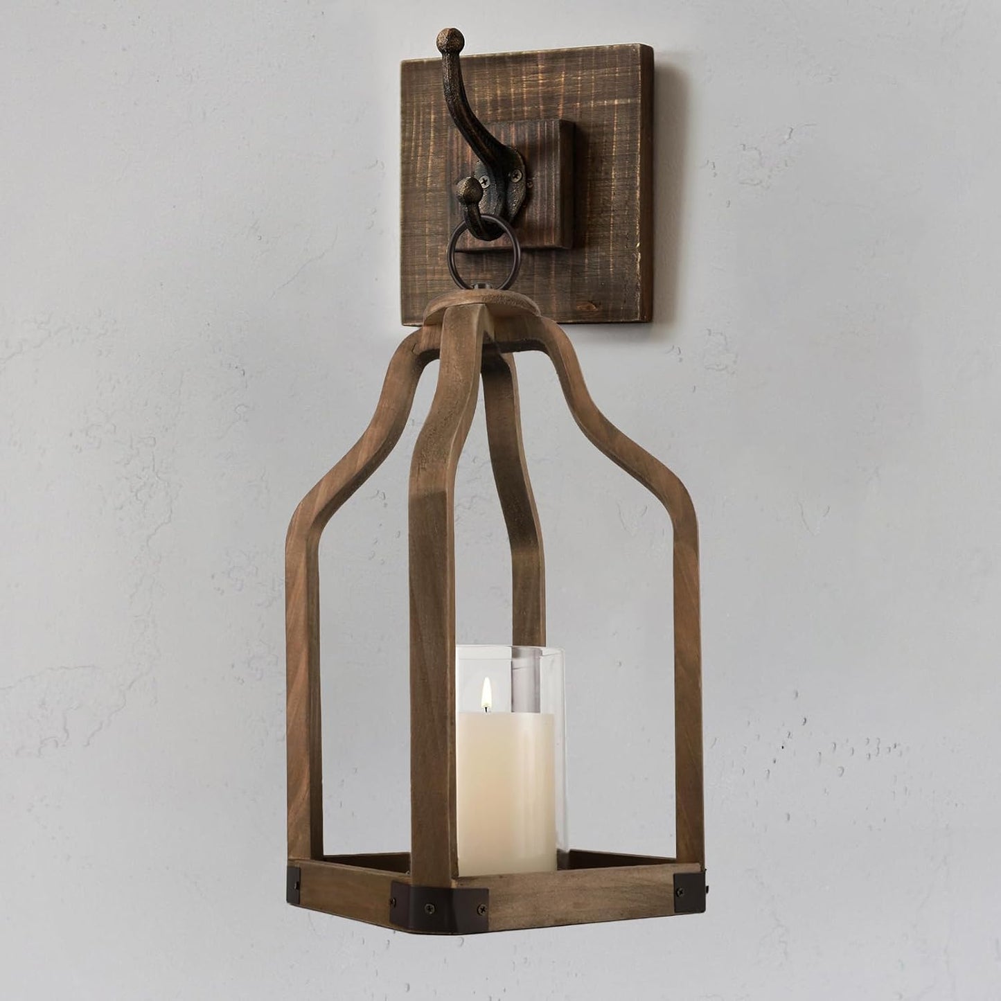 Rustic Wood Lantern Candle Holder for Farmhouse Decor - Indoor and Outdoor Table Centerpiece with Glass Hurricane, 13" High