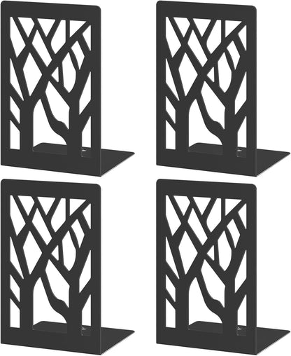 VFINE 4-Piece Modern Metal Bookends for Shelves, Black Tree Book Ends for Books, Decorative Book Organizer for Desk, Non-Skid Shelve Bookends for Home Office