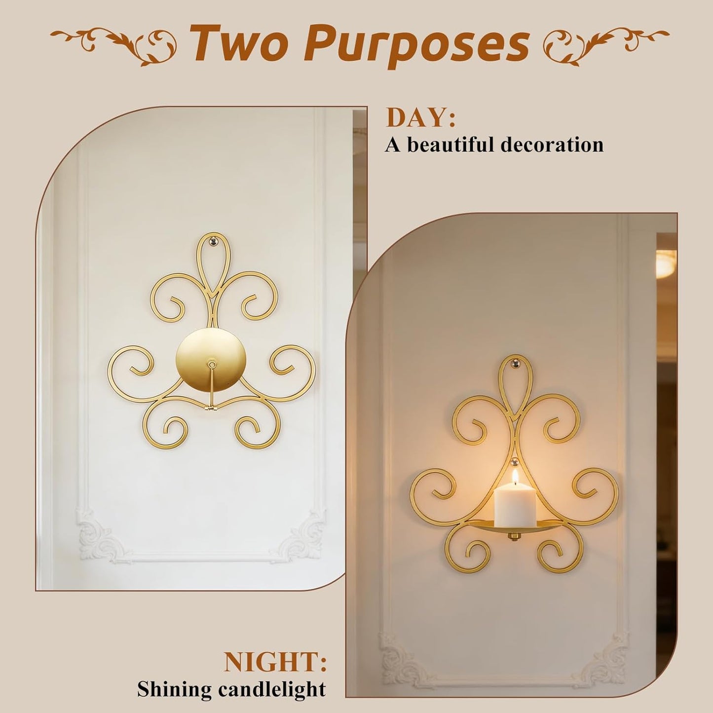 Wall Candle Sconces Set of 2, Double Scroll Pattern Candle Sconces, Metal Wall Candle Holder for Home Decor, Living Room, Dining Room, Bedroom, Black, Gifts for Men Women Mom or Dad