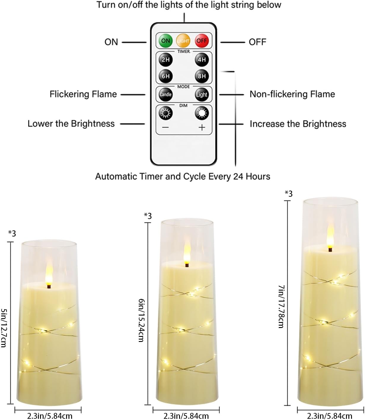 Nimiko Flickering Flameless LED Candles, 9 Pcs with Embedded Star String, Acrylic LED Pillar Candles with Remote, Suitable for Home Decoration (White)
