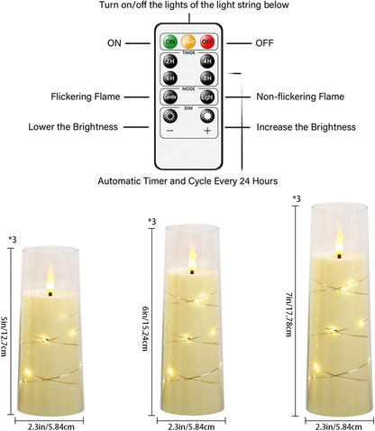 Nimiko Flickering Flameless LED Candles, 9 Pcs with Embedded Star String, Acrylic LED Pillar Candles with Remote, Suitable for Home Decoration (White)