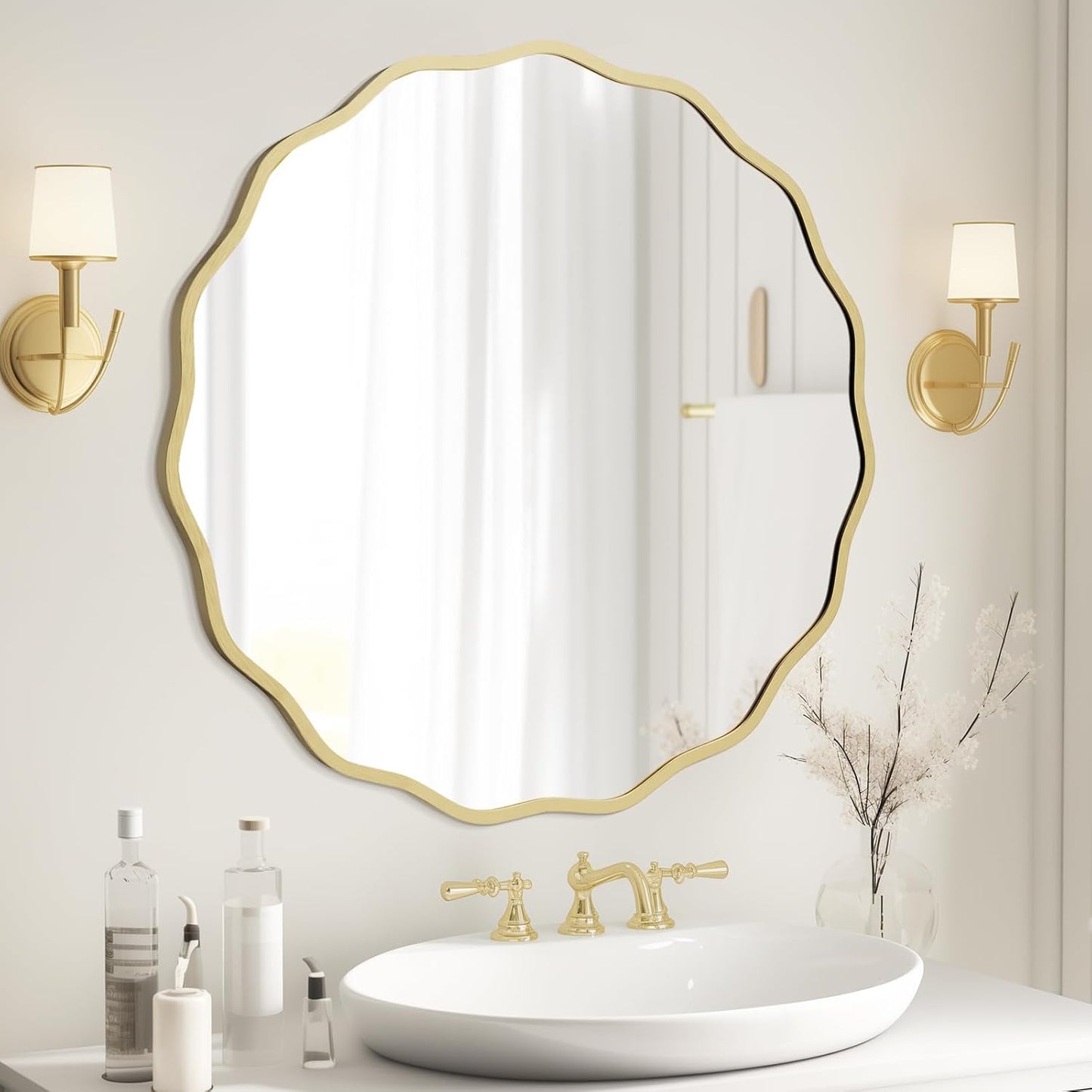 WallBeyond Round Wavy Mirror for Wall Decorative 24 inch, Modern Round Mirror Aluminum Frame for Bathroom Bedroom Living Room Home House Office Entryway, Gold