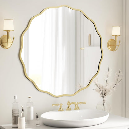 WallBeyond Round Wavy Mirror for Wall Decorative 24 inch, Modern Round Mirror Aluminum Frame for Bathroom Bedroom Living Room Home House Office Entryway, Gold