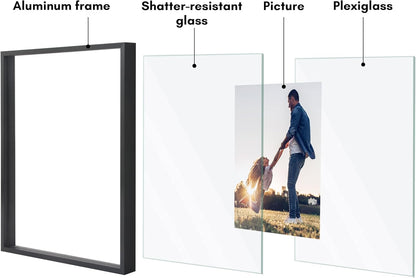 Americanflat Aluminum 11x14 Floating Picture Frame with Shatter-Resistant Glass - Use as 8x10 Picture Frame or Display 11x14 Photo - Signature Float Collection - Photo Frames for Wall Display - Black