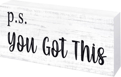 Esur Motivational Home Office Desk Black Decor - Farmhouse Wooden Box Sign Gift for Women - P.S. You Got This