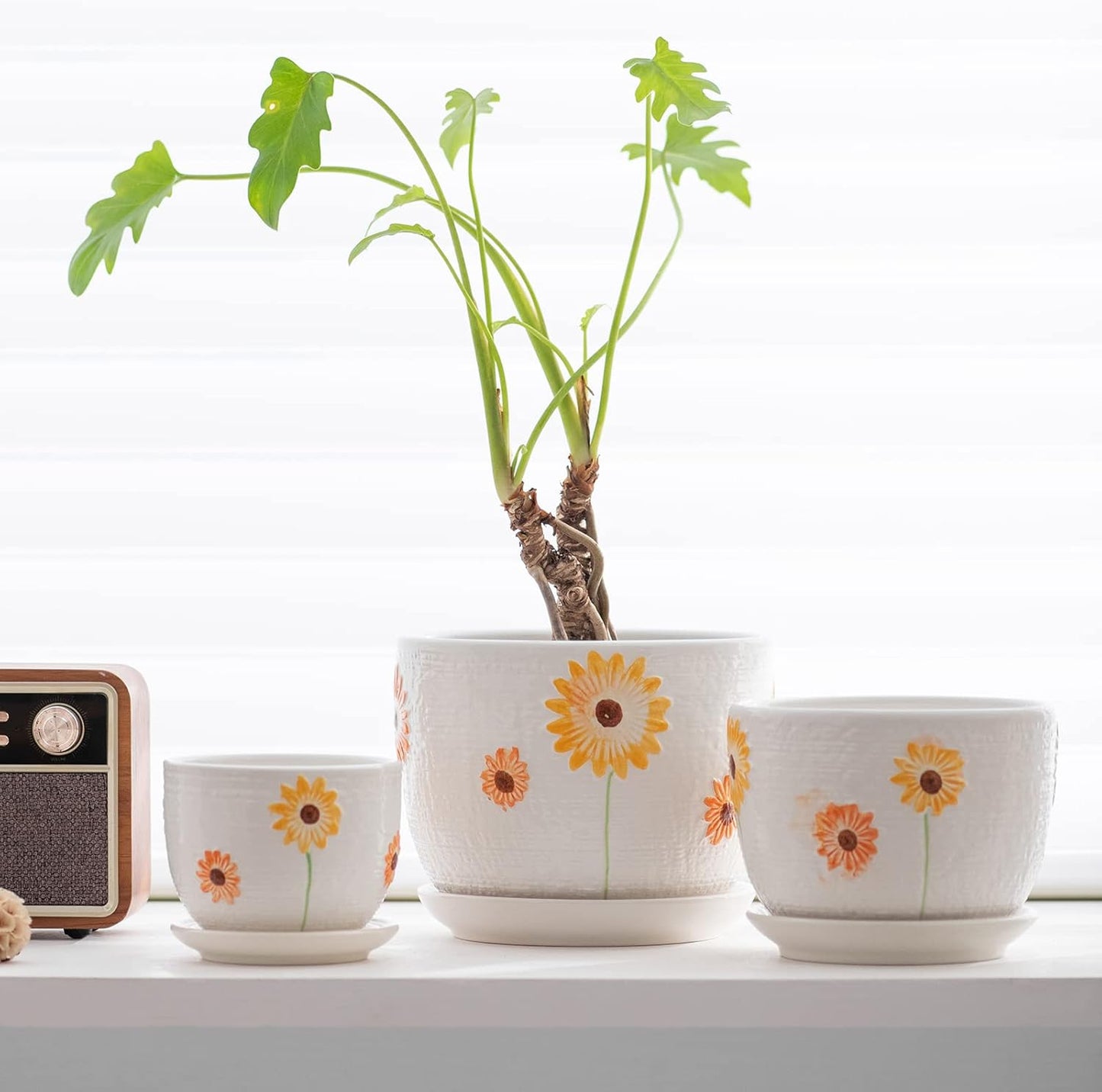 Ton Sin Grey Flower Pots, Texture Planter for Indoor Plants Set of 3 Ceramic Flower Pots with Saucer, Cute Garden Pots Succulent Pots, 6.75/5.6/4.2 Inch, Indoor Outdoor Home Garden Decor