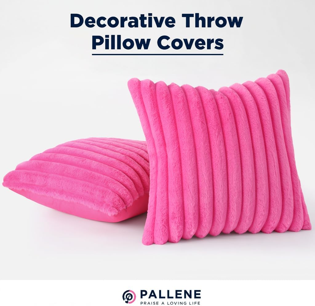 Pallene Faux Fur Plush Throw Pillow Covers 18x18 Set of 2, Luxury Soft Fluffy Striped Decorative Pillow Covers for Sofa, Couch, Living Room, Cream White