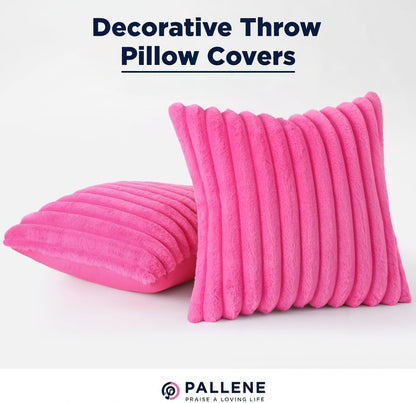 Pallene Faux Fur Plush Throw Pillow Covers 18x18 Set of 2, Luxury Soft Fluffy Striped Decorative Pillow Covers for Sofa, Couch, Living Room, Cream White