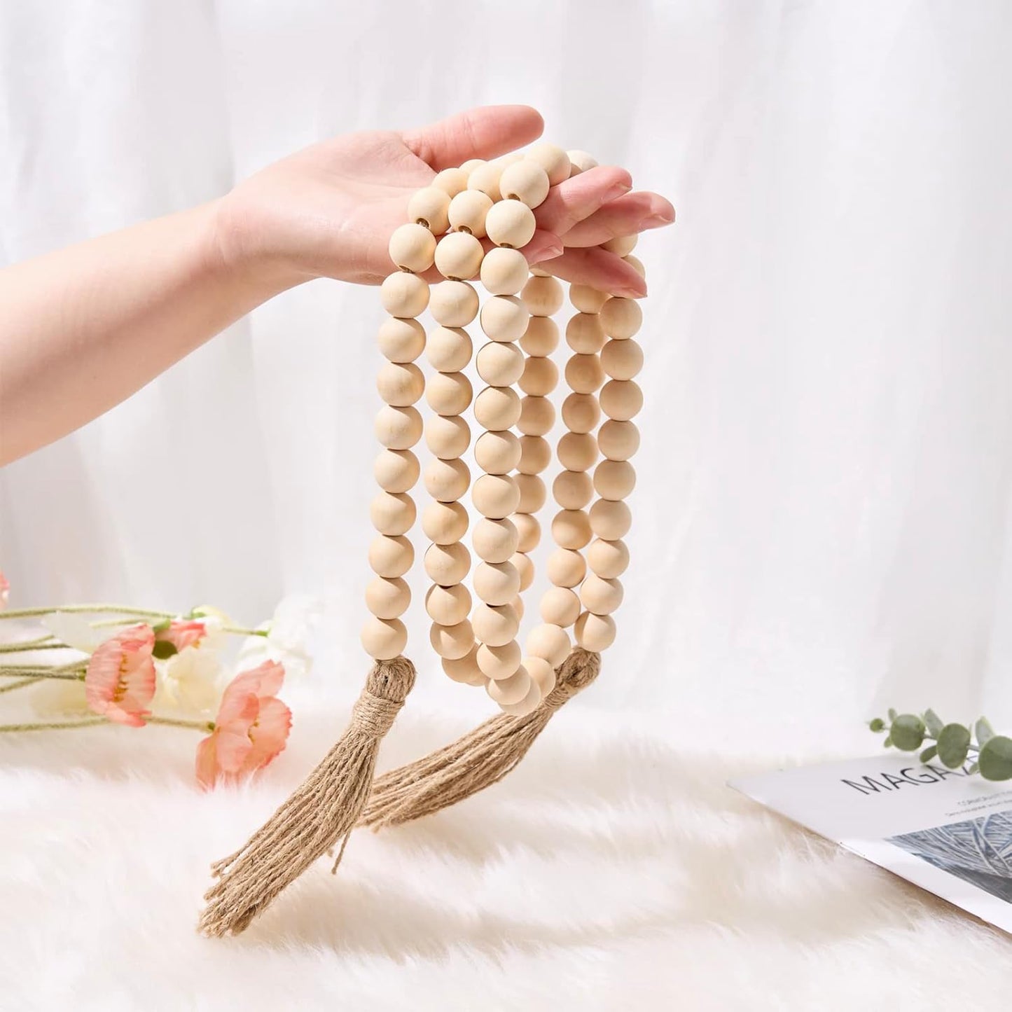 OMISHE 59in Wood Bead Garland with Tassels, Decorative Beads, Farmhouse Wooden Beads Garland for Wall Hanging Home Festival Decor, Aqua, Teal