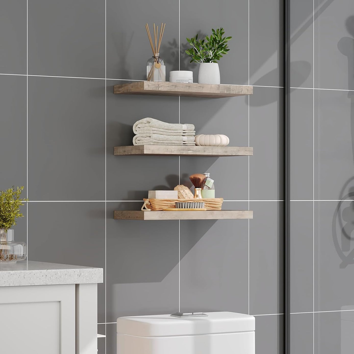 RALGEND Floating Shelves for Wall, 1.5" Thick Wall Shelf Set of 3 with Invisible Brackets, L31.5 x W7.9 Hanging Shelves Farmhouse Home Decor for Bathroom, Living Room, Bedroom, Rustic Brown 8301BJP3BF