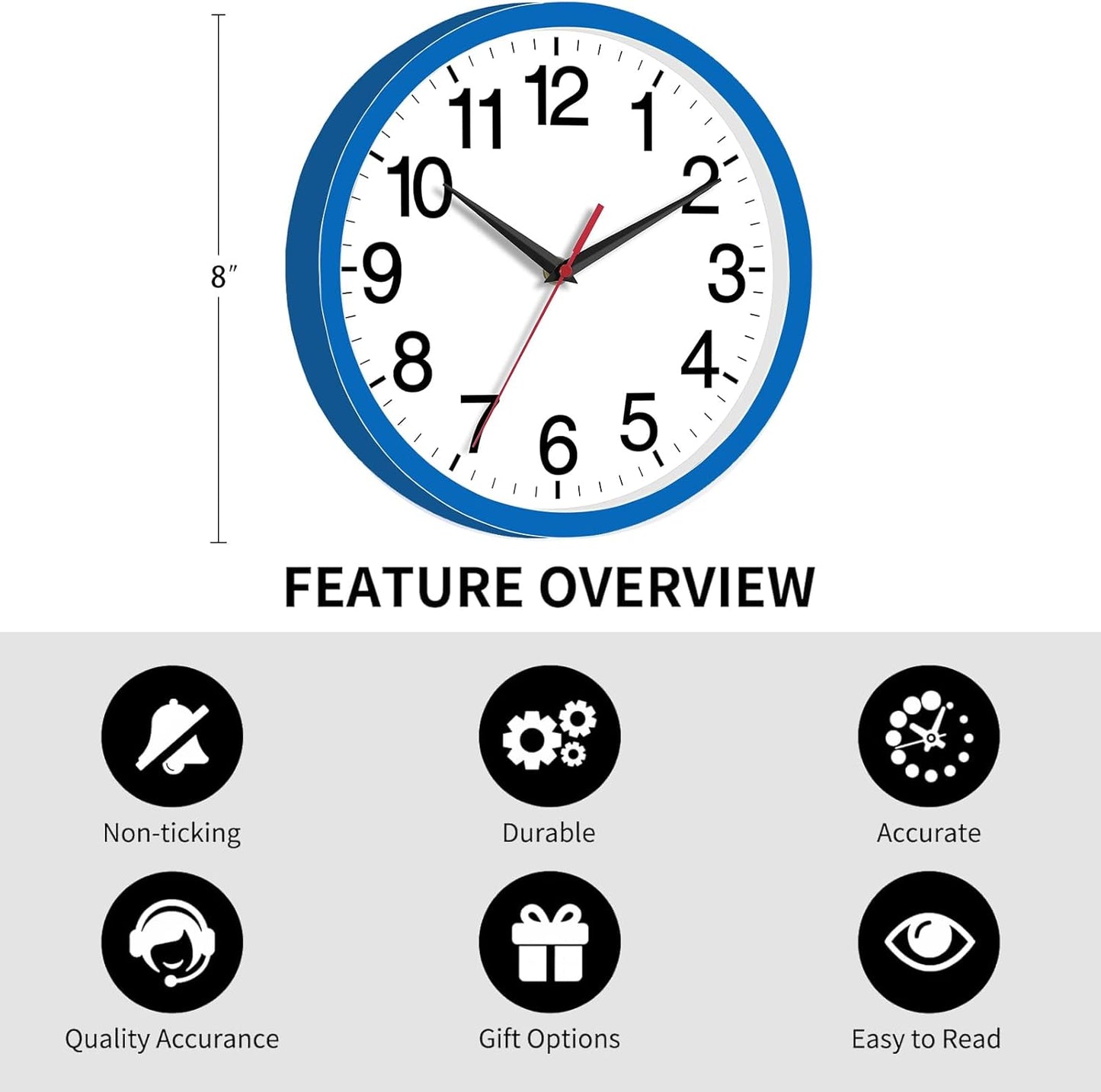 Rohioue Wall Clock Modern 8 Inch Battery Operated Silent Non Ticking Small Analog Clock for Living Room Office Home Bedroom Kitchen Bathroom(Black)