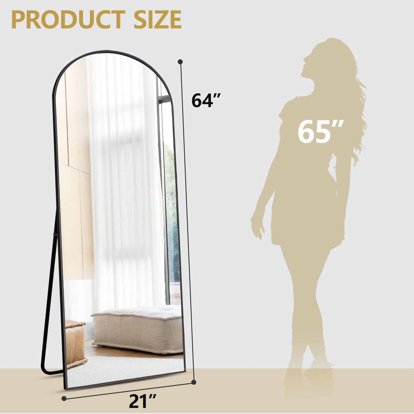 Prywot Arched Full Length Mirror, 70"x26" Free Standing Floor Mirror, Modern Full Body Mirrors with Stand, Wall Mirrors with Aluminum Alloy Frame for Bedroom,Living Room, Gold