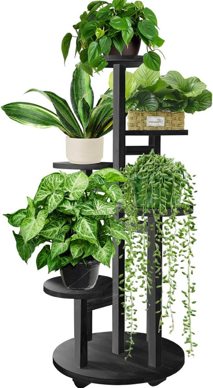 GEEBOBO 5 Tiered Tall Plant Stand for Indoor, Wood Plant Shelf Corner Display Rack, Multi-tier Planter Pot Holder Flower Stand for Living Room Balcony Garden Patio (Brown)