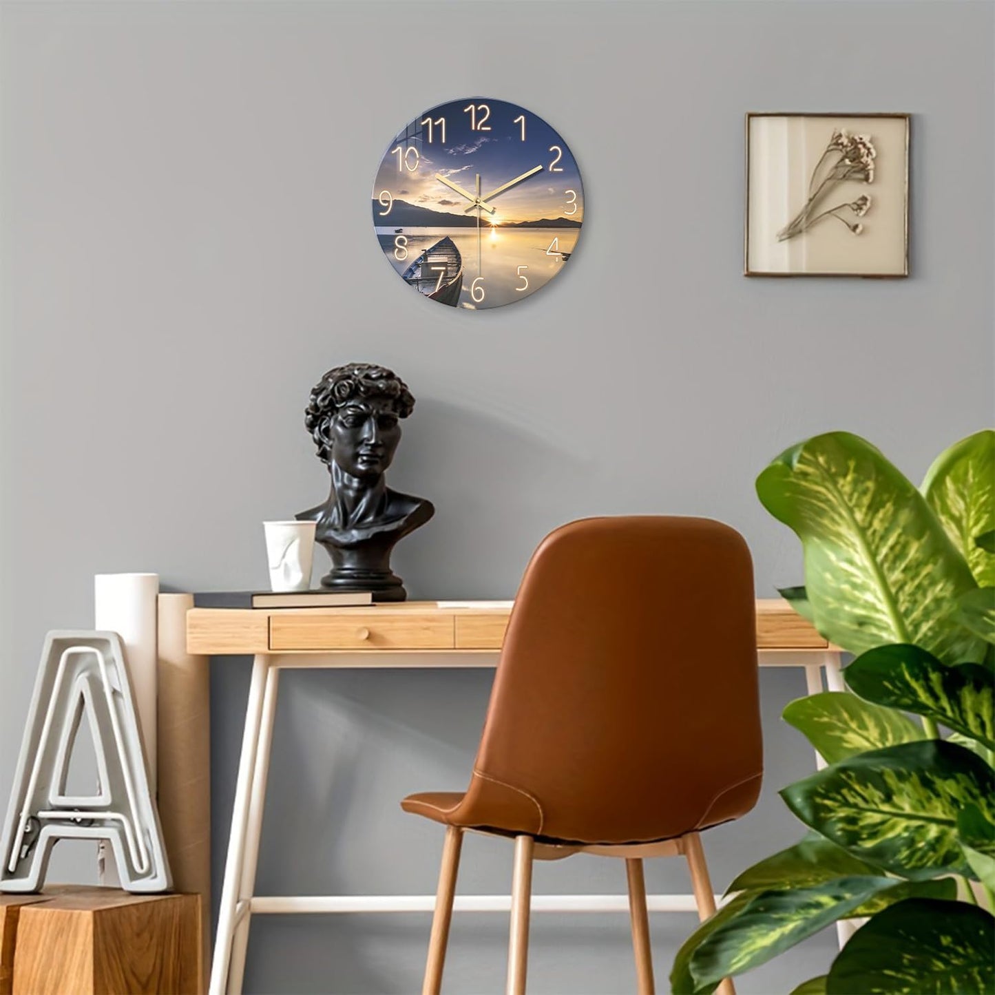 Beach Wall Clock Battery Operated 12 Inch Glass Wall Clock Non Ticking Analog Blue Wall Clocks for Bedroom Living Room Office Decor