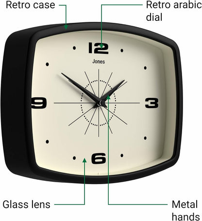 JONES CLOCKS® Movie wall Clock | Retro Rectangular Clock | 10 inch | Orange | Cool mid-Century Designer Look for Kitchen, Living Room or Office