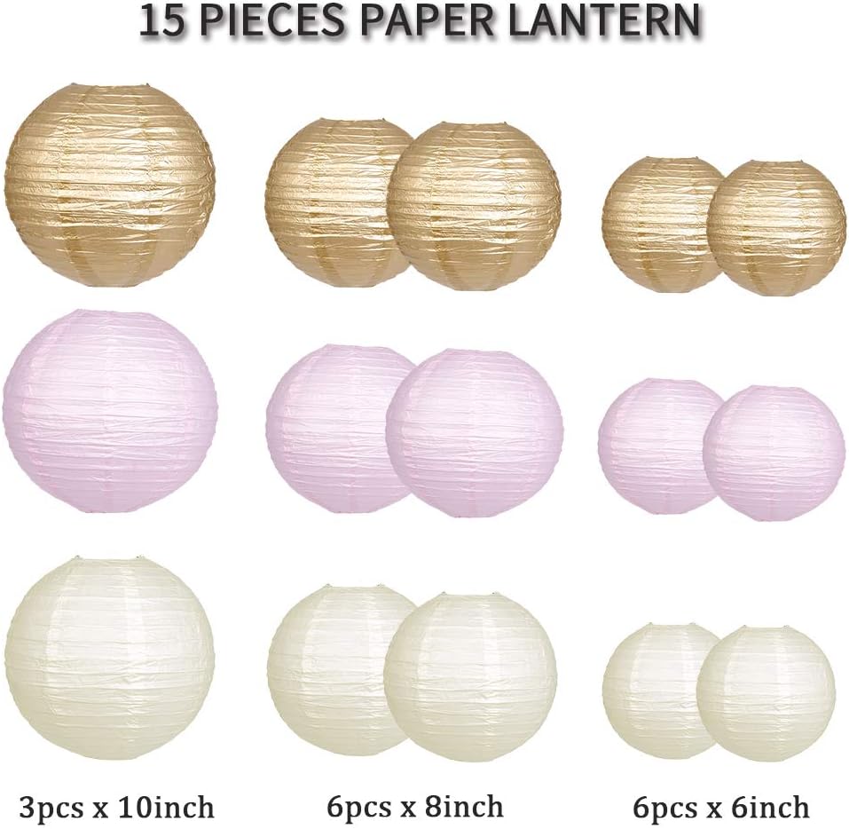 Paper Lanterns Decorative, Round Hanging Paper Lanterns Decorations for Rustic Party Bridal Shower Wedding Sage Green Birthday Party Supplies Gold/Ivory/Sage Green 15pcs