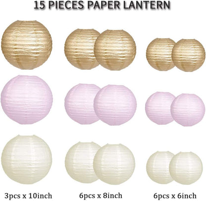 Paper Lanterns Decorative, Round Hanging Paper Lanterns Decorations for Rustic Party Bridal Shower Wedding Sage Green Birthday Party Supplies Gold/Ivory/Sage Green 15pcs