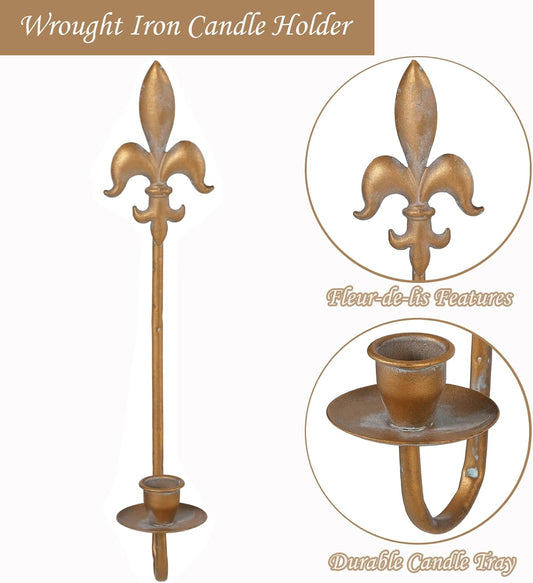Fleur De Lis Wrought Iron Candle Sconces Set of 2, Rustic Candle Holders Hanging for Living Room Farmhouse Fireplace Wedding (Antique Copper)