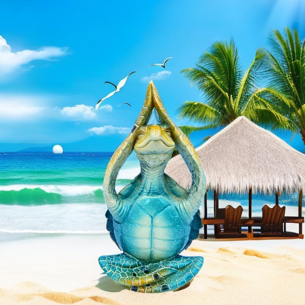 VVGIFTS Sea Turtle Meditation Yoga Decor, Garden Figurine Sea Turtle Meditating Coastal Beach Decorations, Zen Yoga Resin Statue for Home Office Decorations (Put the Palm Separate)